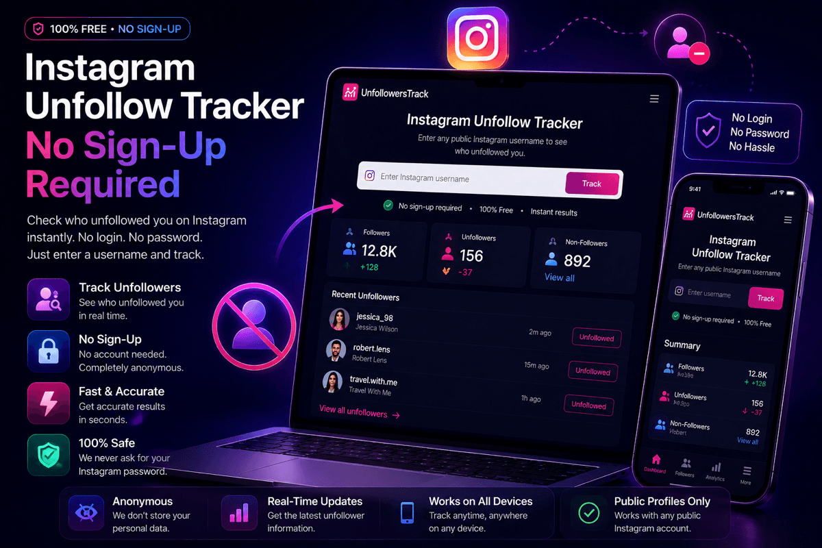 Instagram unfollow tracker with no sign-up required — laptop and phone showing unfollower dashboard, no login or password needed