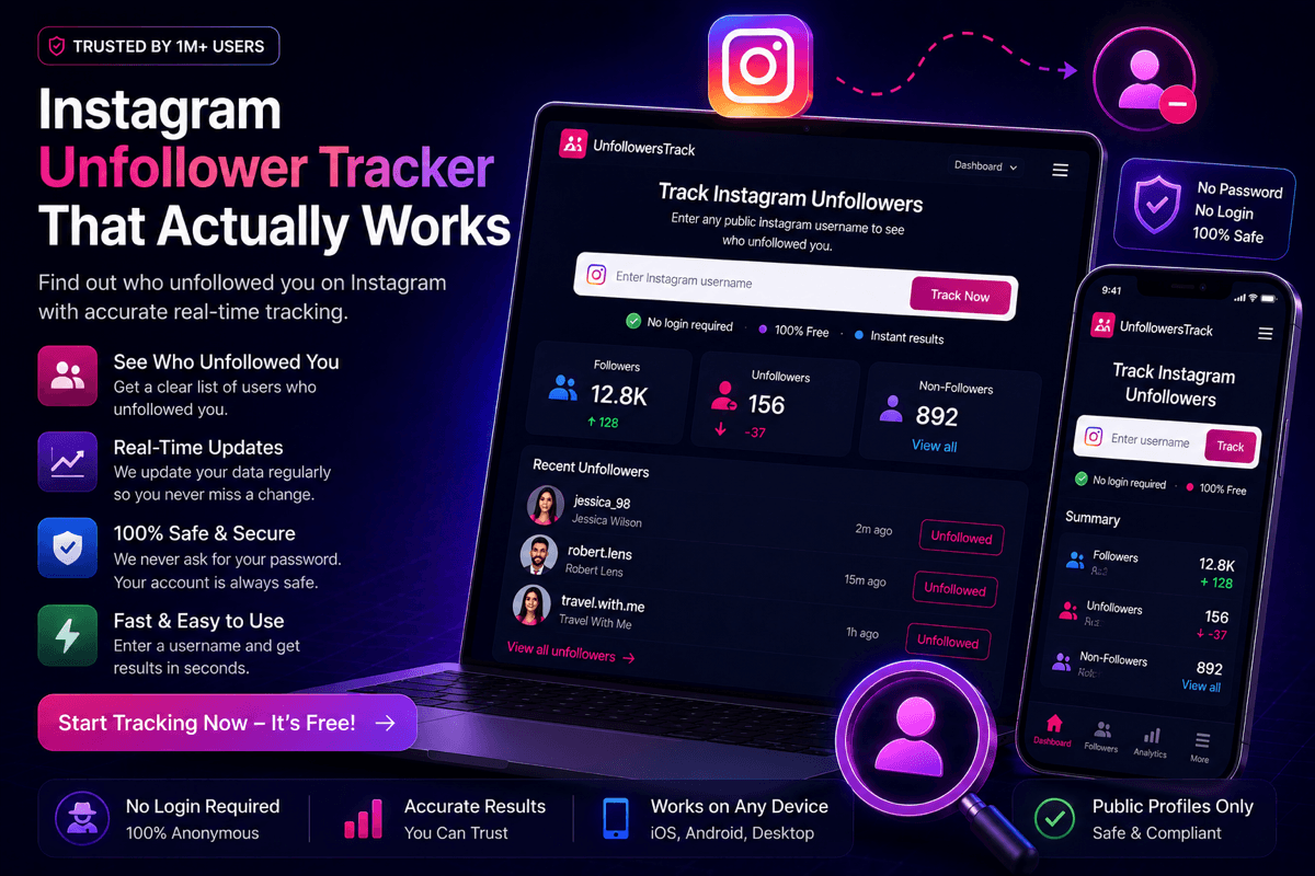 Instagram unfollower tracker that actually works — laptop and phone showing real-time unfollower dashboard, no password required