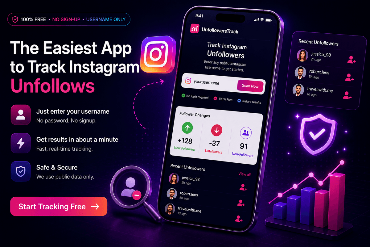 The easiest app to track Instagram unfollows — UnfollowersTrack dashboard with username scan, follower changes, and recent unfollowers, no sign-up required